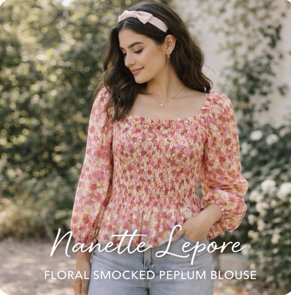 Nanette Lepore Floral Smocked Peplum Blouse Cottagecore Pink Romantic Top L